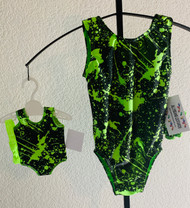 Gymnastics leotards in a black/green PAINTBALL spandex - one for you and one for your 18" doll.  Free scrunchie included for you, and free headband for your doll. This doll leotard was made to fit the American Girl dolls, but will fit most similar body type 18" dolls.