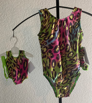 Gymnastics leotards in a multi-colored CHEETAH spandex - one for you and one for your 18" doll.  Free scrunchie included for you, and free headband for your doll. This doll leotard was made to fit the American Girl dolls, but will fit most similar body type 18" dolls.