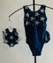 Gymnastics leotards in a NAVY/SILVER STARS SPLIT spandex - one for you and one for your 18" doll.  Free scrunchie included for you, and free headband for your doll. This doll leotard was made to fit the American Girl dolls, but will fit most similar body type 18" dolls.