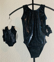 Gymnastics leotards in a BLACK BEAUTY sparkle spandex - one for you and one for your 18" doll.  Free scrunchie included for you, and free headband for your doll. This doll leotard was made to fit the American Girl dolls, but will fit most similar body type 18" dolls.