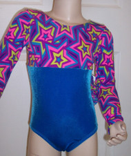 Cute long sleeve gymnastics and/or dance leotard in a STAR CRAZED spandex print split with coordinating turquoise velvet. Free scrunchie as always.
