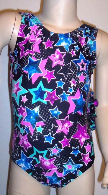 Super price on this gymnastics and/or dance leotard in a STAR GALAXY spandex - multicolored star design on black spandex.  Available in tank or racer back. Free scrunchie included as always!