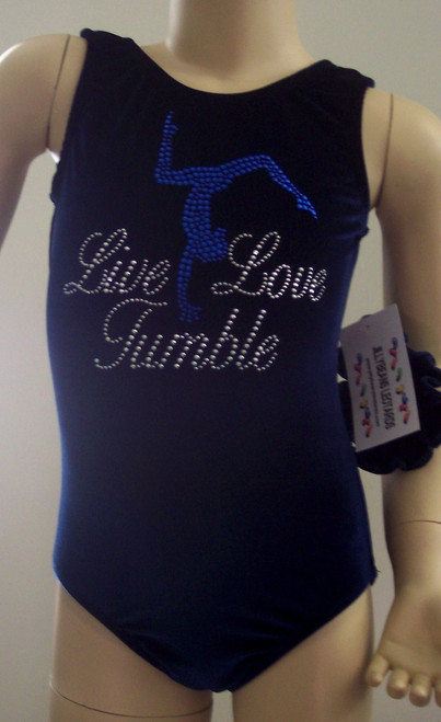 Beautiful NAVY BLUE velvet gymnastics and/or dance leotard with large "LIVE, LOVE, TUMBLE" metal rhinestud applique on front. Available in tank or race rback styles. Free scrunchie included as always!
