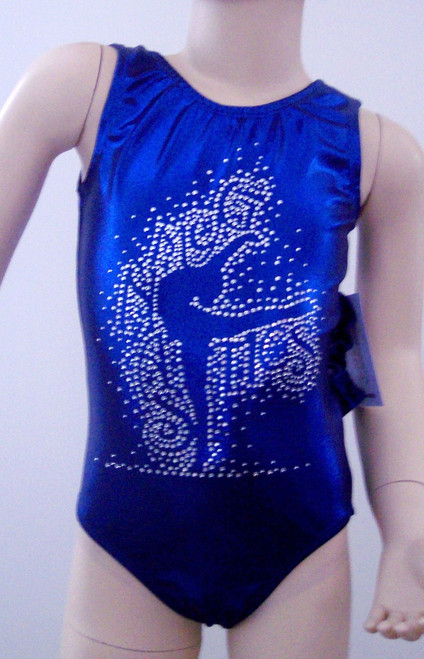 Beautiful gymnastics and/or dance leotard in blue mystic spandex with a large, beautiful GRACEFUL GYMNAST rhinestone applique on front. Available in tank or racer back styles. Free scrunchie included as always!