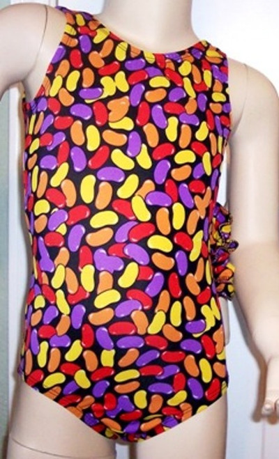 Our signature gymnastics leotard in a red, orange, purple, and yellow on black jellybean print spandex. Available in tank or racer back.  Free scrunchie included as always. 