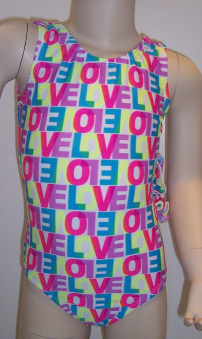 Cute gymnastics and/or dance leotard in a NEON LOVE spandex. Available in tank or racer back. Free scrunchie as always!