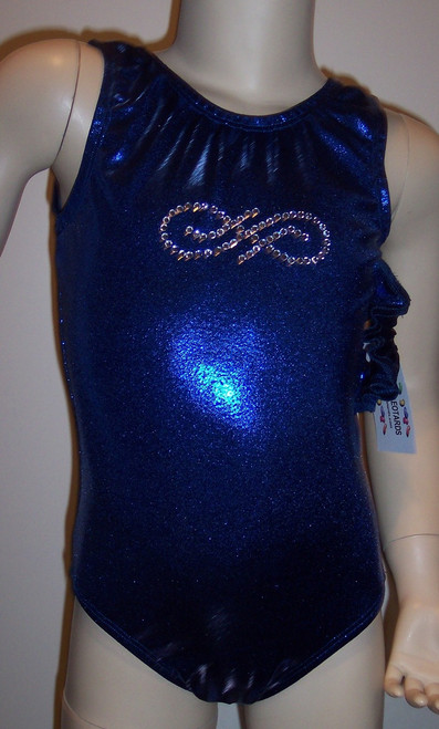 Beautiful gymnastics and/or dance leotard in a royal blue mystique spandex with crystal rhinestone infinity applique.  Available in tank or racer back. Free scrunchie as always!