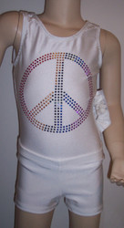 Cute tank style gymnastics and/or dance leotard in a white spandex with large peace sign metal gem applique on front.  Coordinating white spandex shorts included. Free scrunchie as always!
