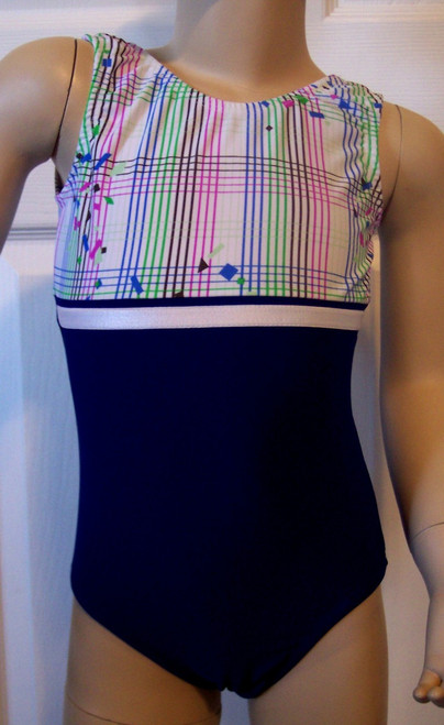 Great gymnastics and/or dance leotard in a HIP-TO-BE-SQUARE spandex print with row of white trim, split with royal blue spandex. Available in tank or racer back. Free scrunchie as always!