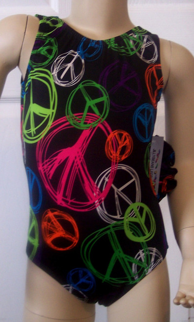 Cute gymnastics and/or dance leotard in a PEACE TIME spandex. Available in tank or racer back. Free scrunchie as always!