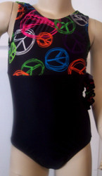 Cute tank style gymnastics and/or dance leotard in a PEACE TIME spandex split with solid black spandex. Free scrunchie as always!