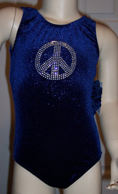 Cute gymnastics and/or dance leotard in a PEACE SPARKLE NAVY velvet. Available in tank or racer back. Free scrunchie as always!