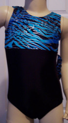 Cute gymnastics and/or dance leotard in a TURQUOISE SILVER STREAK spandex split with solid black spandex. Available in tank or racer back. Free scrunchie as always!