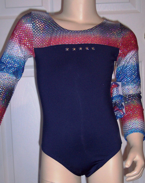 Beautiful long sleeve gymnastics and/or dance leotard in a red/white/blue/silver star spandex split with solid navy spandex. Five silver stars adorn the front to symbolize the FAB FIVE! Available in tank or racer back. Free scrunchie as always!