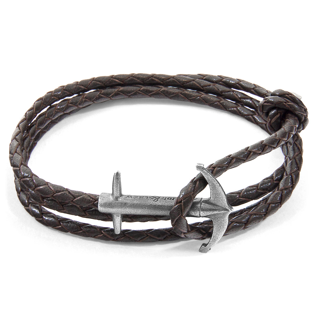 Anchor & Crew Dark Brown Admiral Anchor Silver and Braided Leather Bracelet