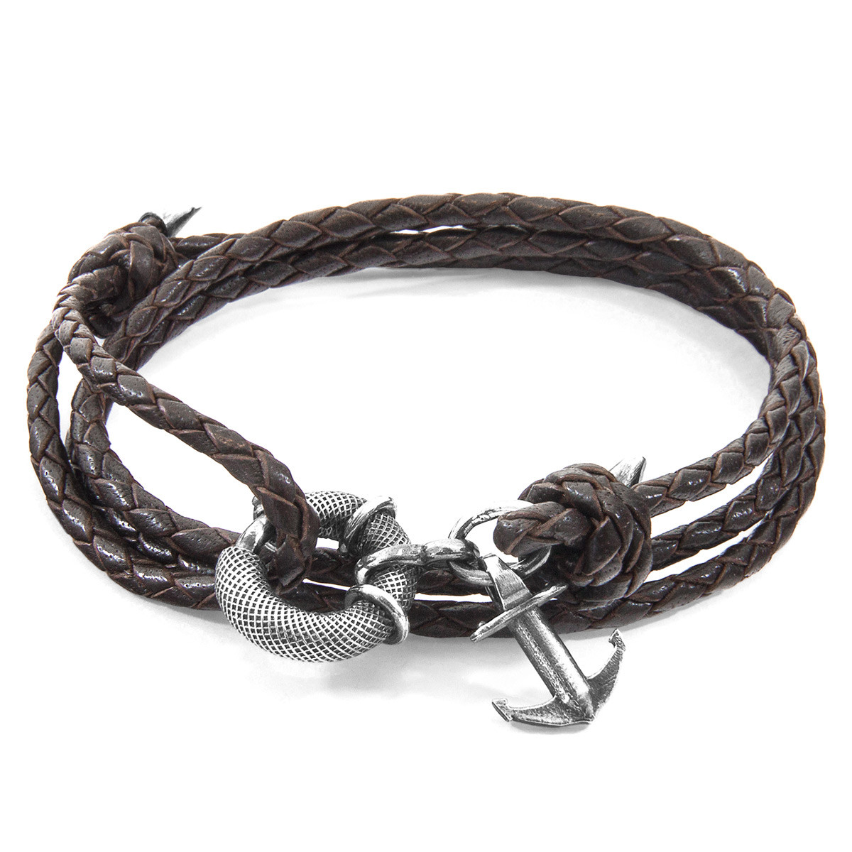 Anchor & Crew Dark Brown Clyde Anchor Silver and Braided Leather Bracelet