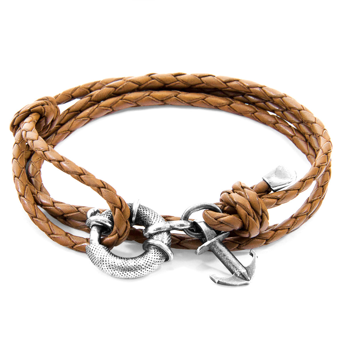 Anchor & Crew Light Brown Clyde Anchor Silver and Braided Leather Bracelet