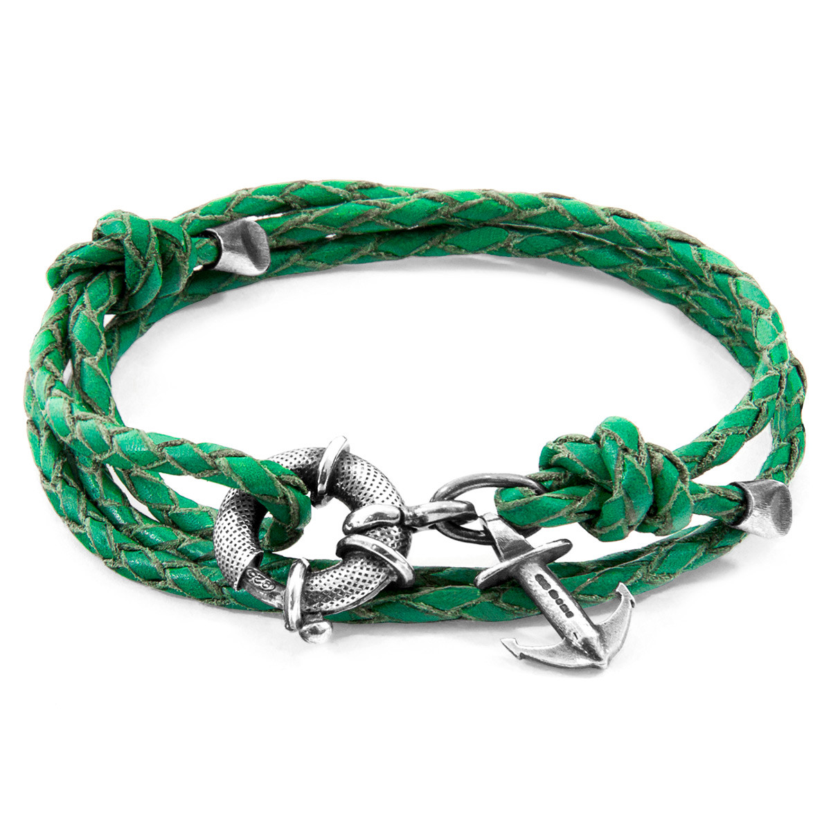 Anchor & Crew Fern Green Clyde Anchor Silver and Braided Leather Bracelet