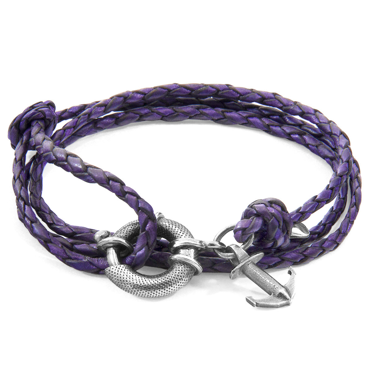 Anchor & Crew Grape Purple Clyde Anchor Silver and Braided Leather Bracelet