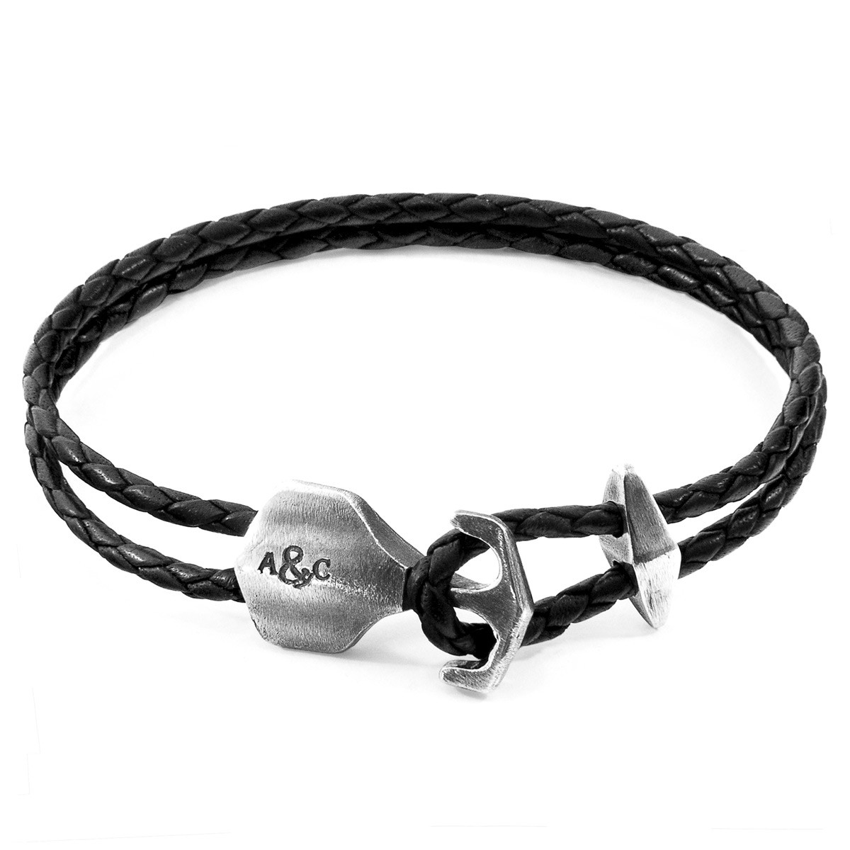 Anchor & Crew Coal Black Delta Anchor Silver and Braided Leather Bracelet
