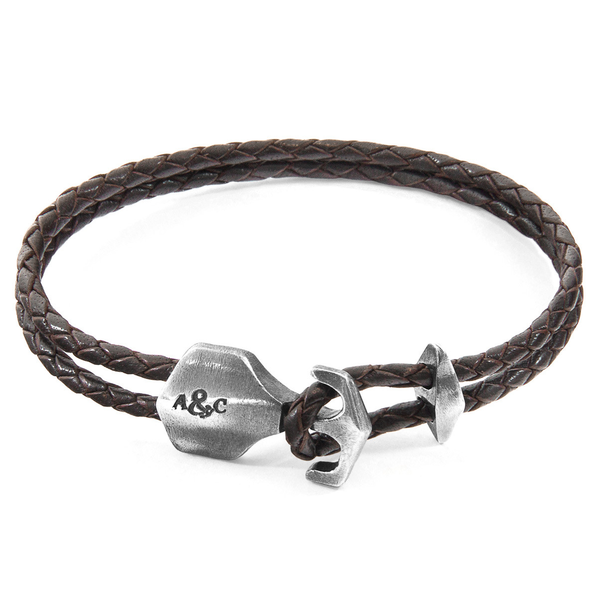 Anchor & Crew Dark Brown Delta Anchor Silver and Braided Leather Bracelet