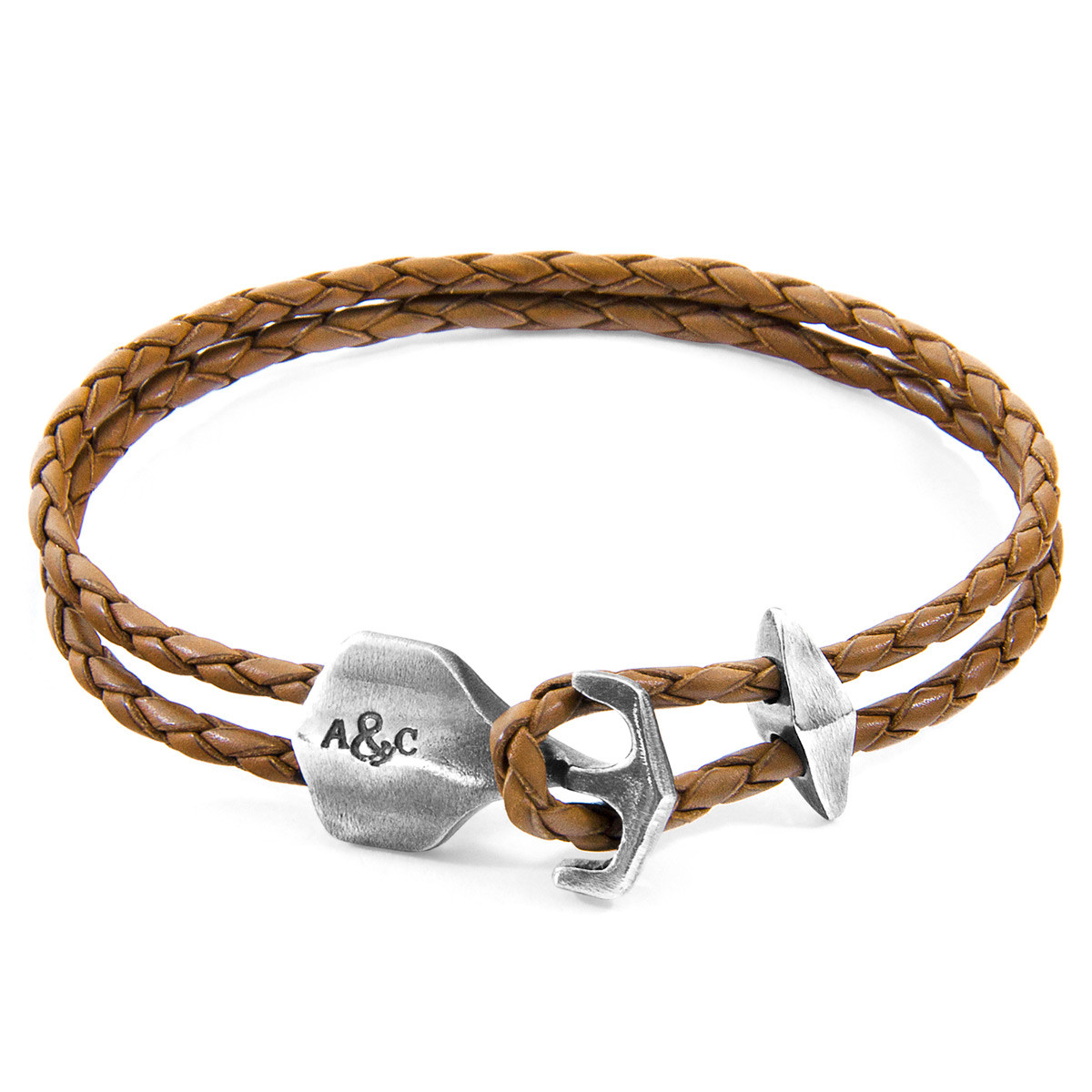 Anchor & Crew Light Brown Delta Anchor Silver and Braided Leather Bracelet