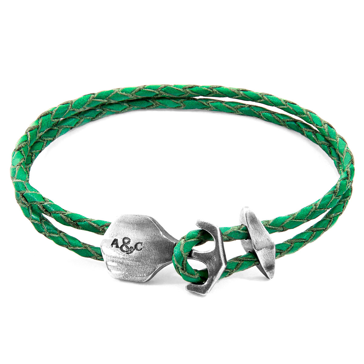 Anchor & Crew Fern Green Delta Anchor Silver and Braided Leather Bracelet