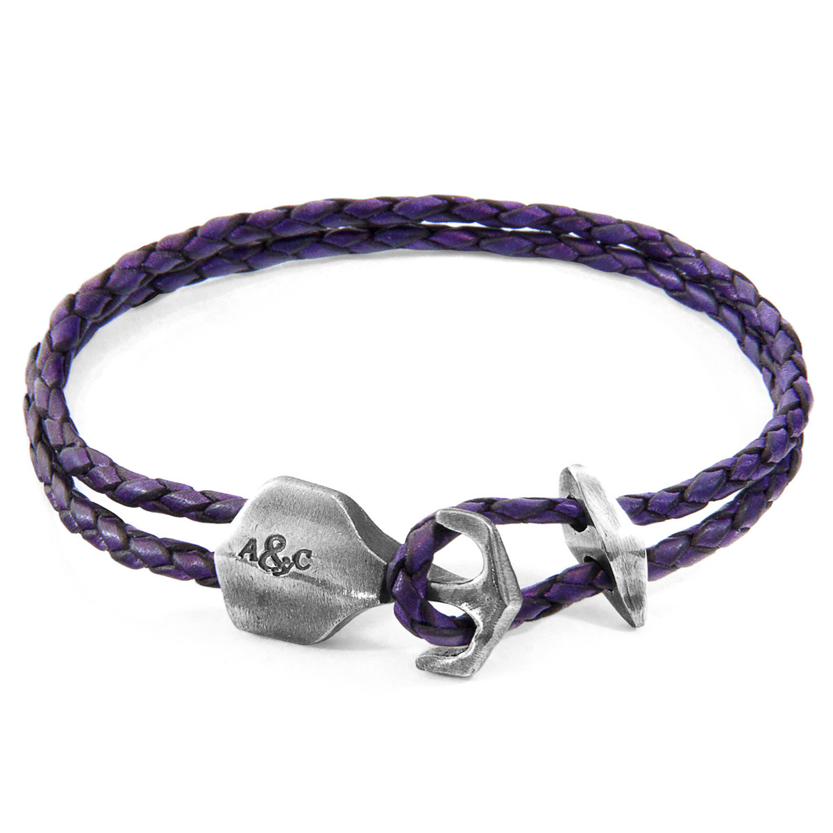 Anchor & Crew Grape Purple Delta Anchor Silver and Braided Leather Bracelet