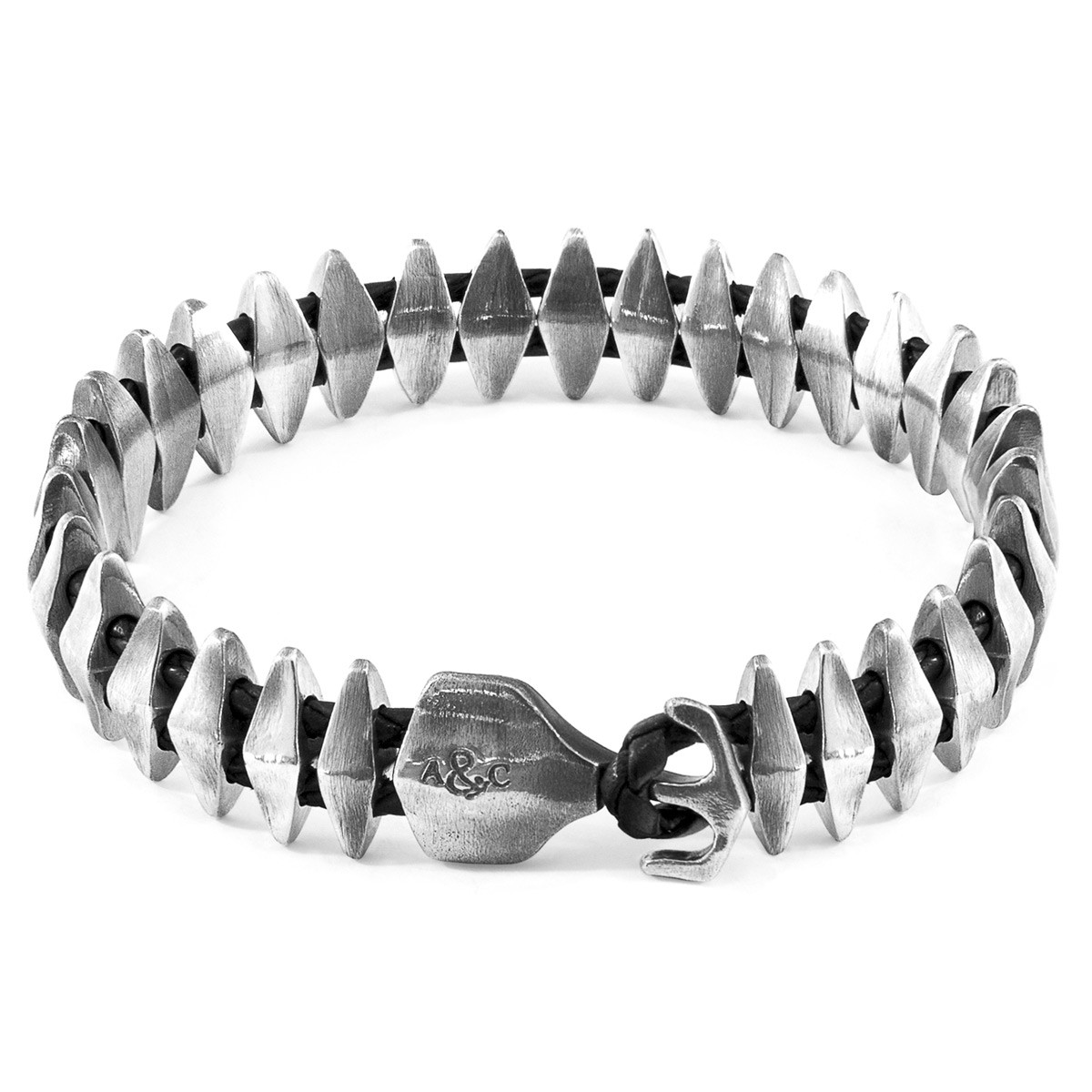 Anchor & Crew Coal Black Delta Maxi Silver and Braided Leather Bracelet