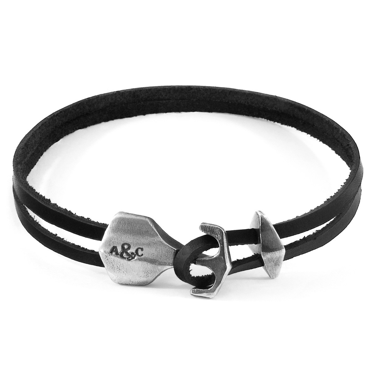 Anchor & Crew Coal Black Delta Anchor Silver and Flat Leather Bracelet