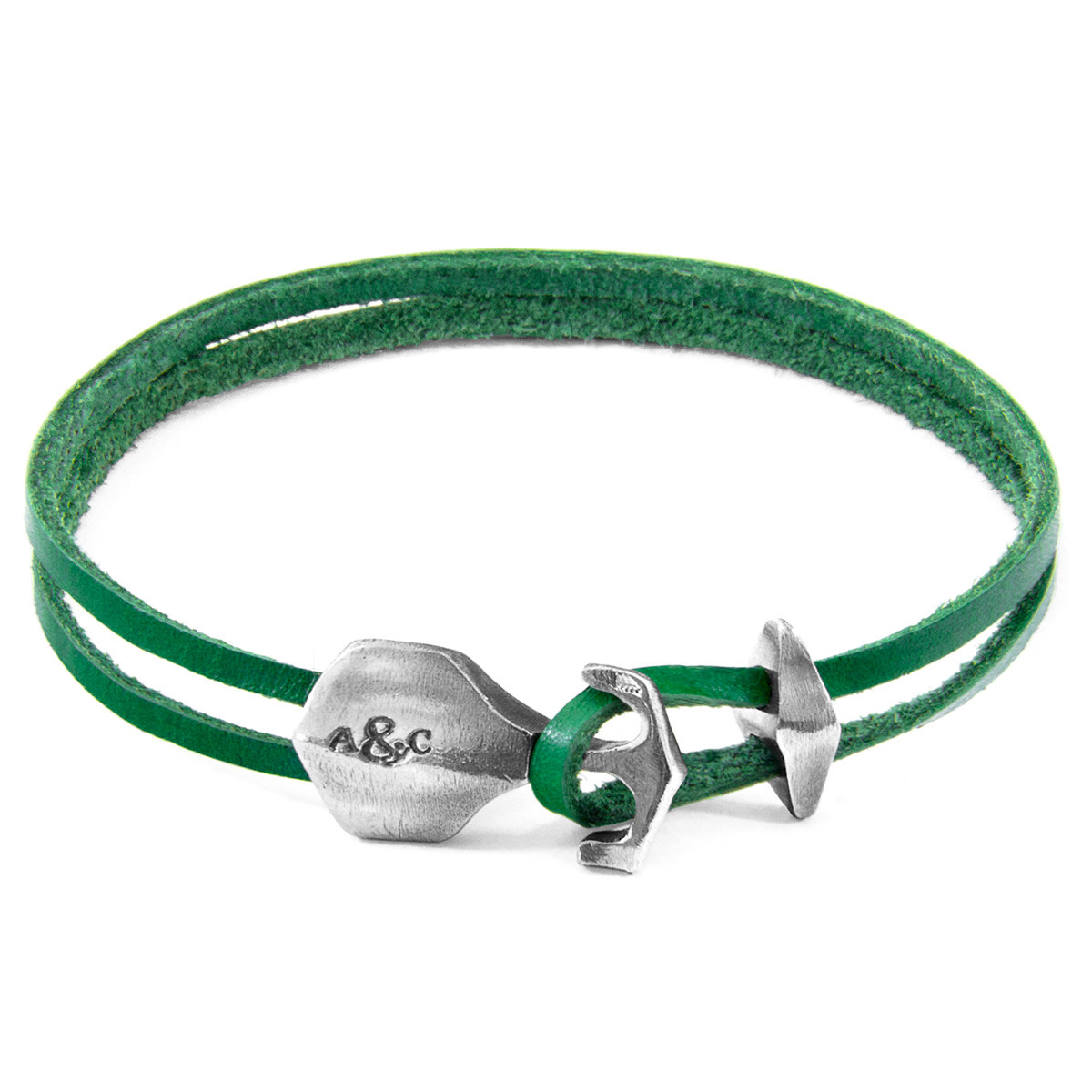 Anchor & Crew Fern Green Delta Anchor Silver and Flat Leather Bracelet