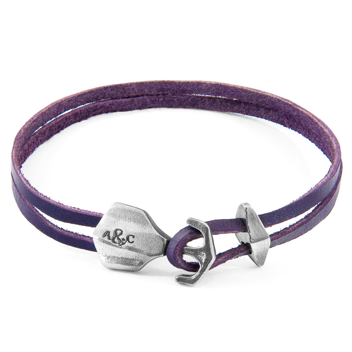 Anchor & Crew Grape Purple Delta Anchor Silver and Flat Leather Bracelet