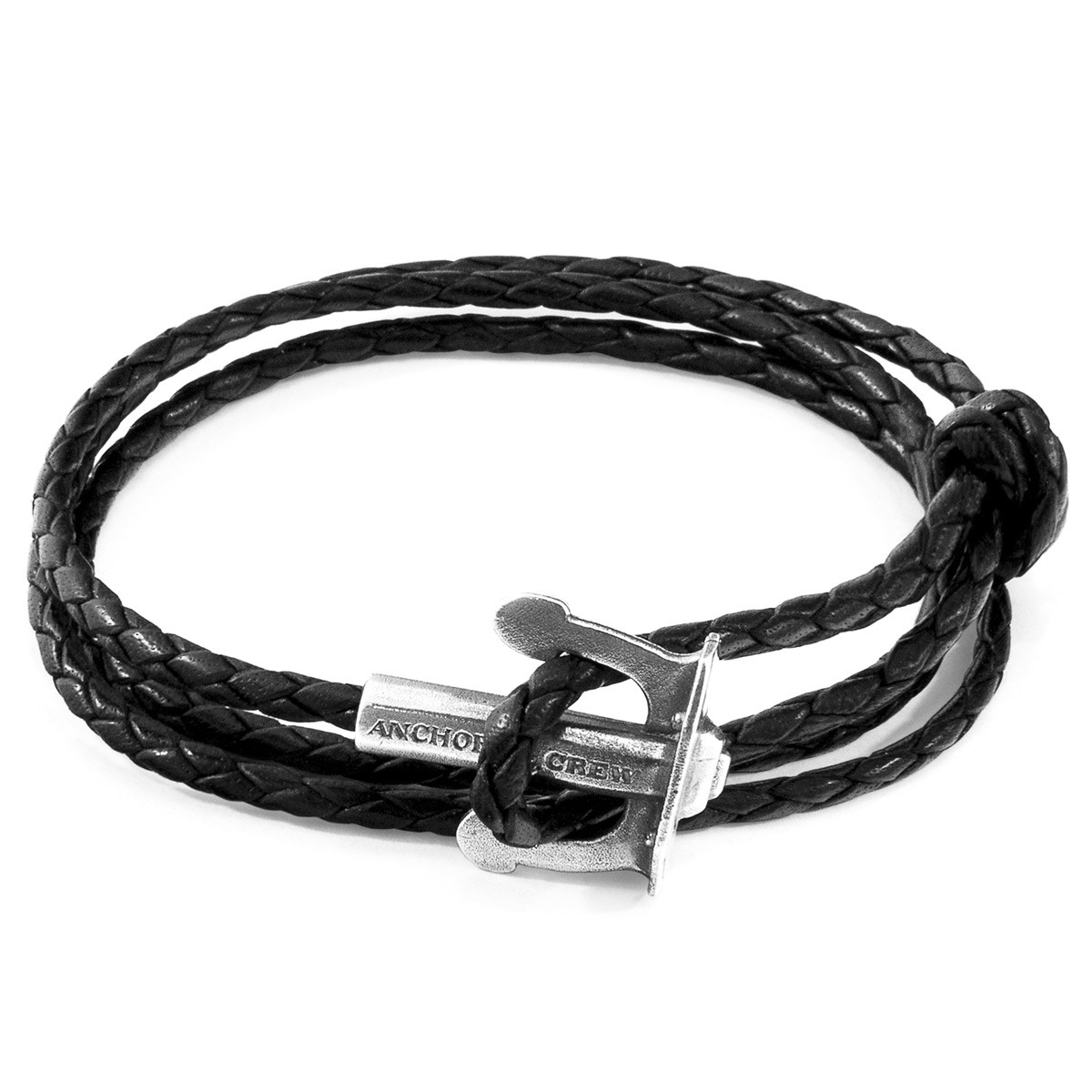 Anchor & Crew Coal Black Union Anchor Silver and Braided Leather Bracelet
