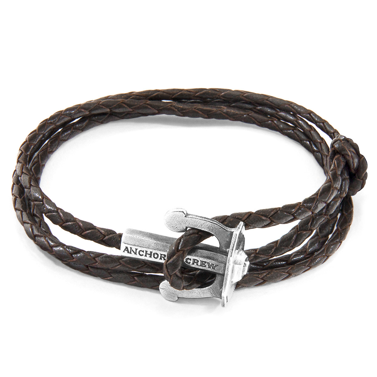 Anchor & Crew Dark Brown Union Anchor Silver and Braided Leather Bracelet