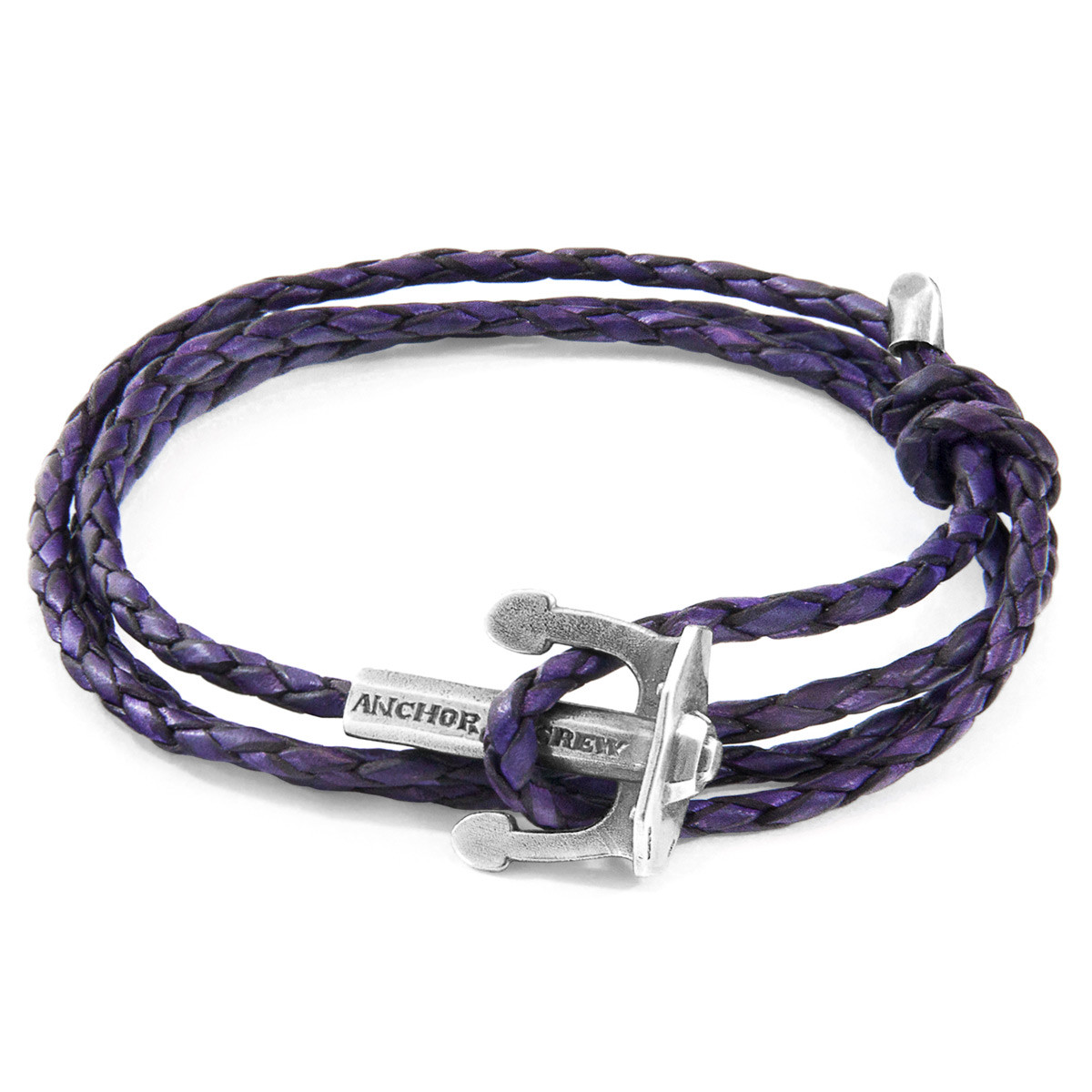 Anchor & Crew Grape Purple Union Anchor Silver and Braided Leather Bracelet