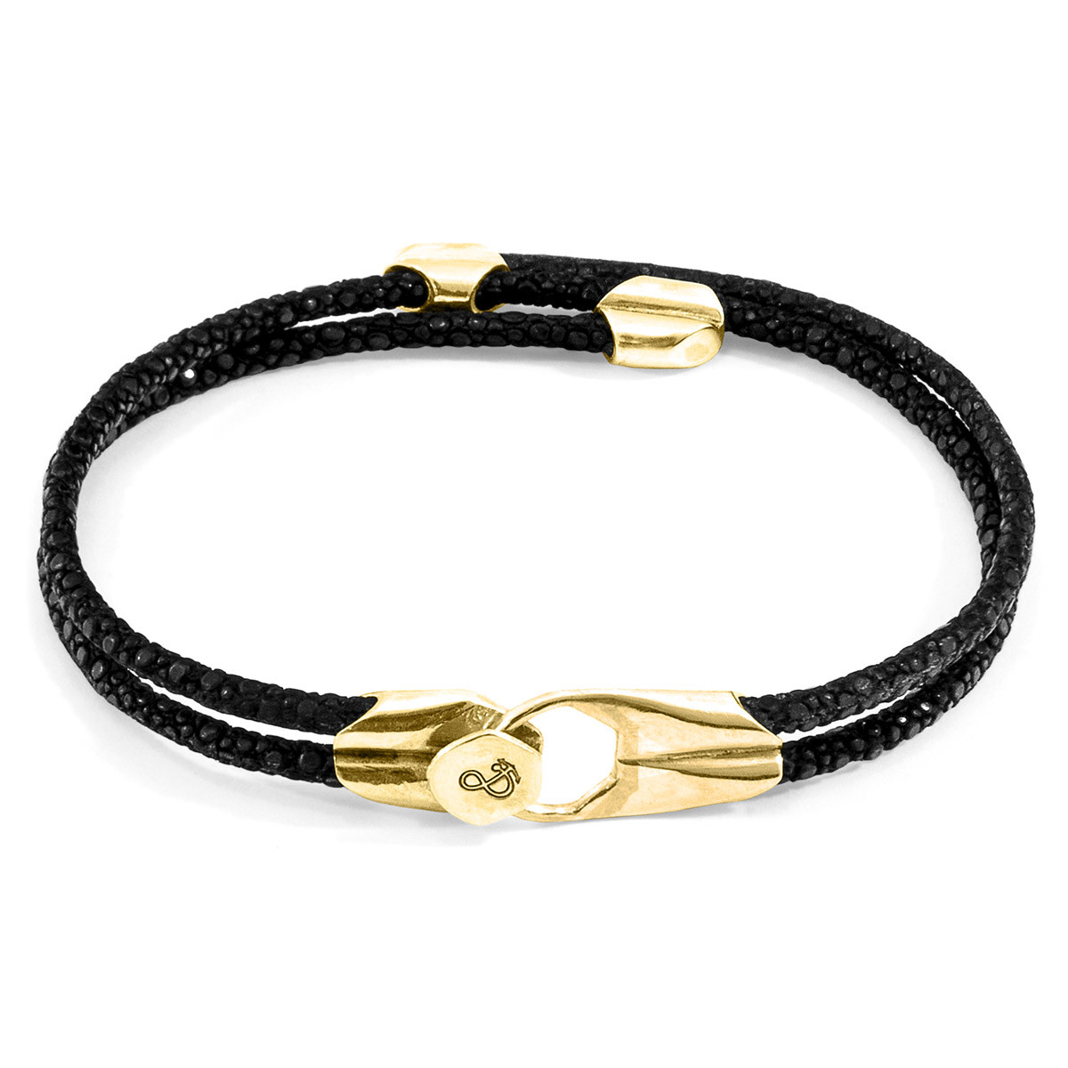 Anchor & Crew Raven Black Conway 9ct Yellow Gold and Stingray Leather Bracelet