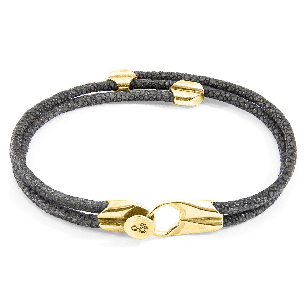 Anchor & Crew Shadow Grey Conway 9ct Yellow Gold and Stingray Leather Bracelet