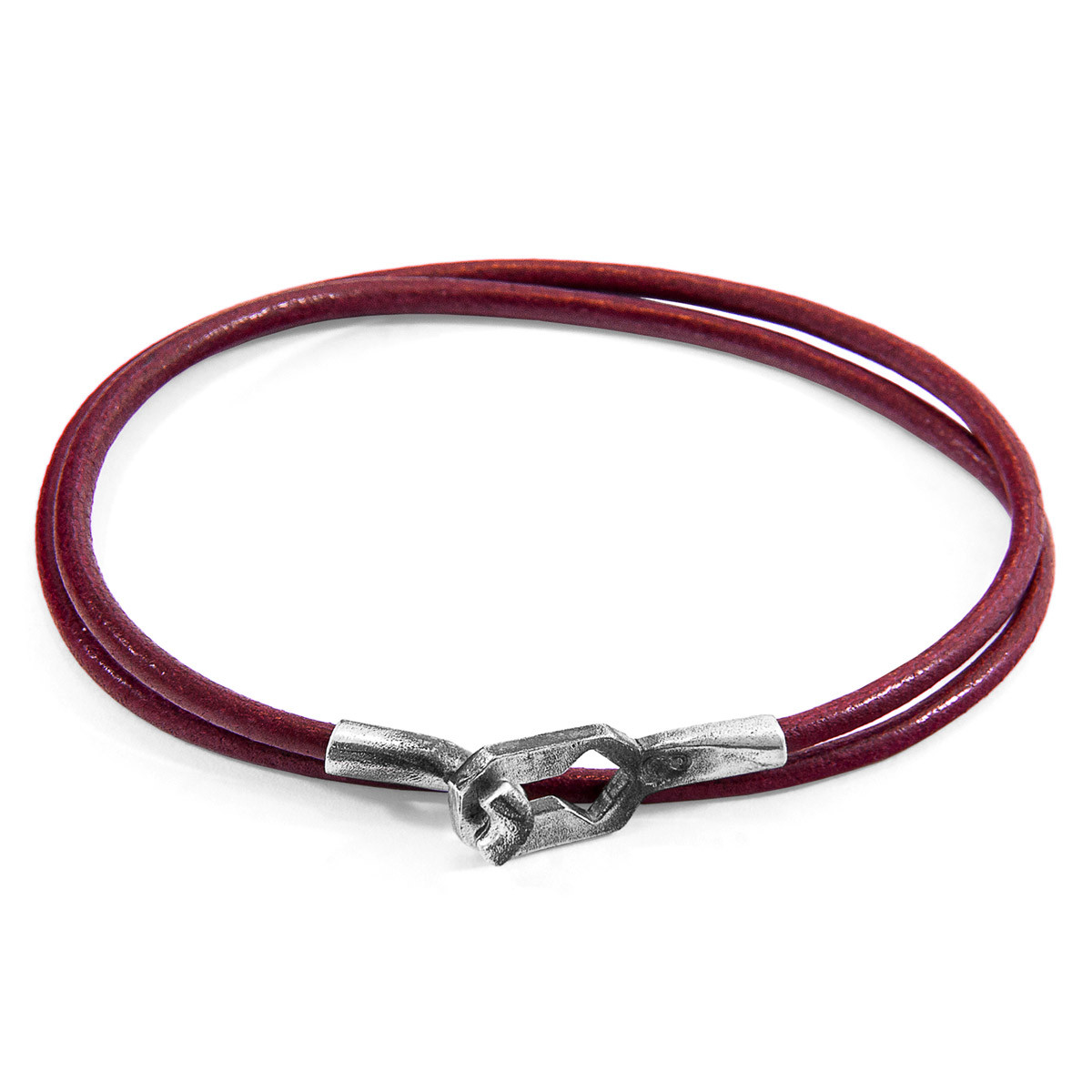 Anchor & Crew Bordeaux Red Tenby Silver and Round Leather Bracelet