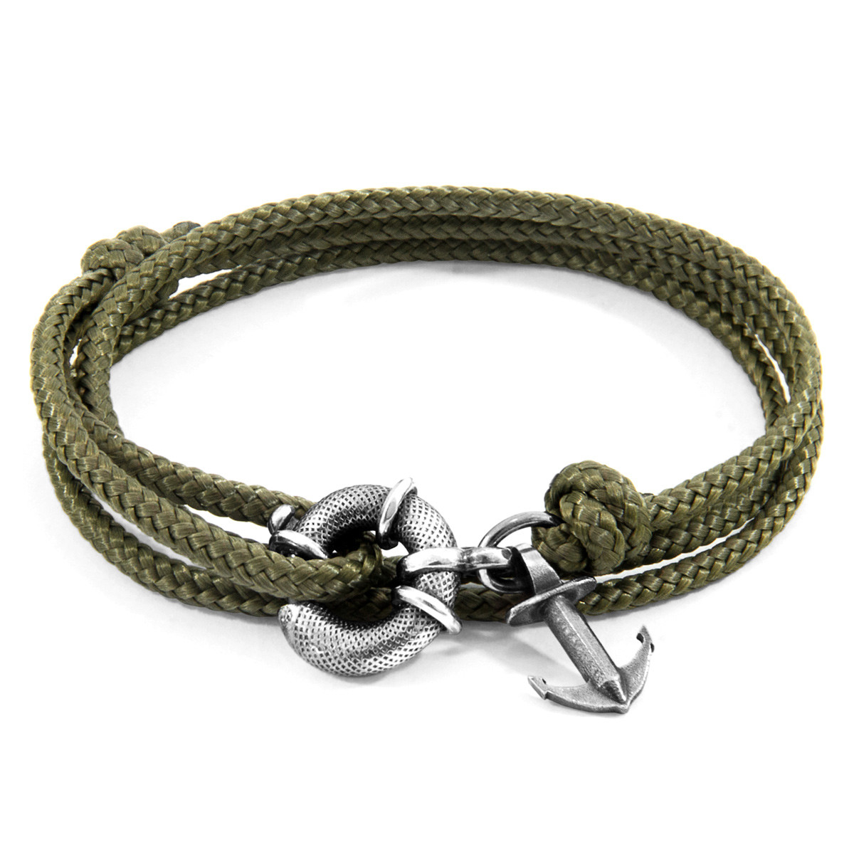 Khaki Green Clyde Anchor Silver and Rope Bracelet