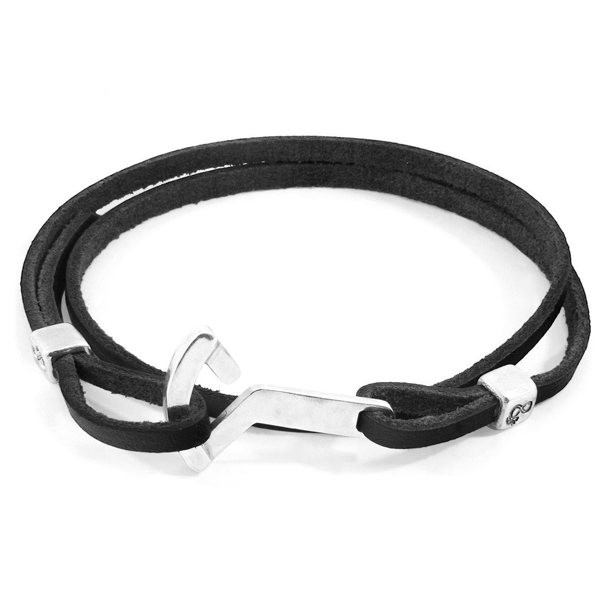 Anchor & Crew Coal Black Flyak Anchor Silver and Flat Leather Bracelet