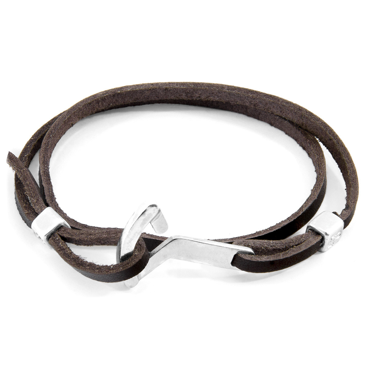 Anchor & Crew Dark Brown Flyak Anchor Silver and Flat Leather Bracelet