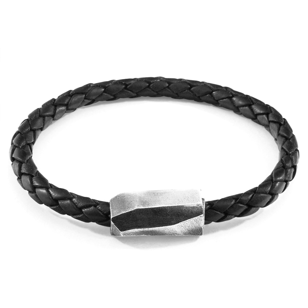 Anchor & Crew Midnight Black Hayling Silver and Braided Leather Bracelet