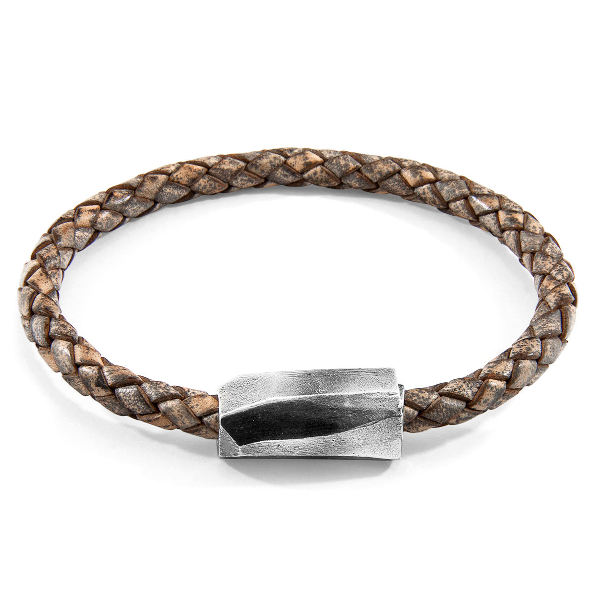 Anchor & Crew Taupe Grey Hayling Silver and Braided Leather Bracelet