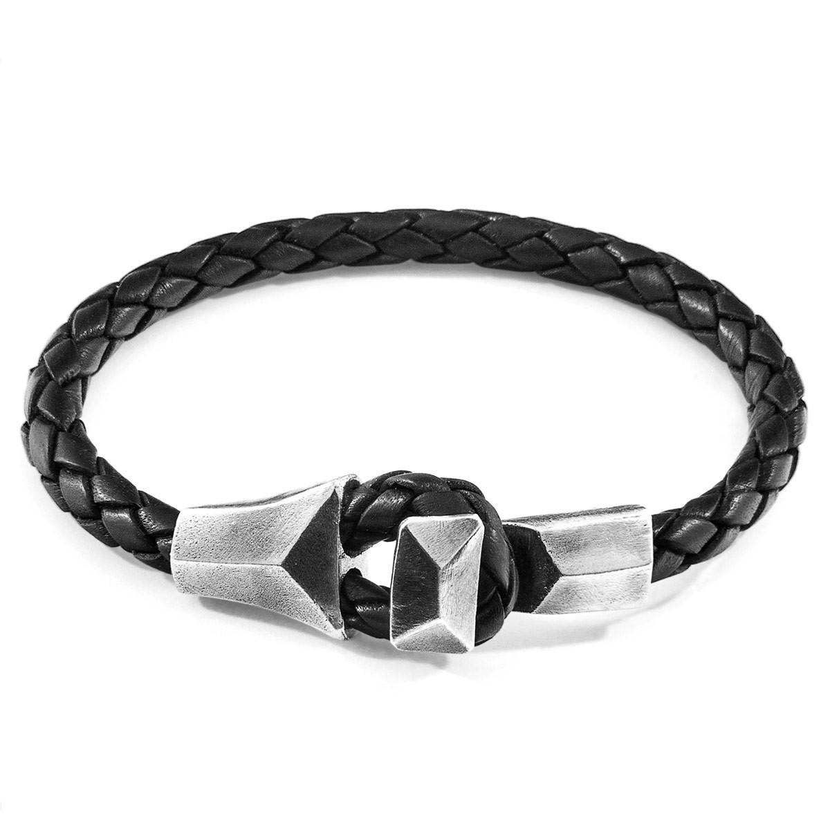 Anchor & Crew Midnight Black Alderney Silver and Braided Leather Bracelet
