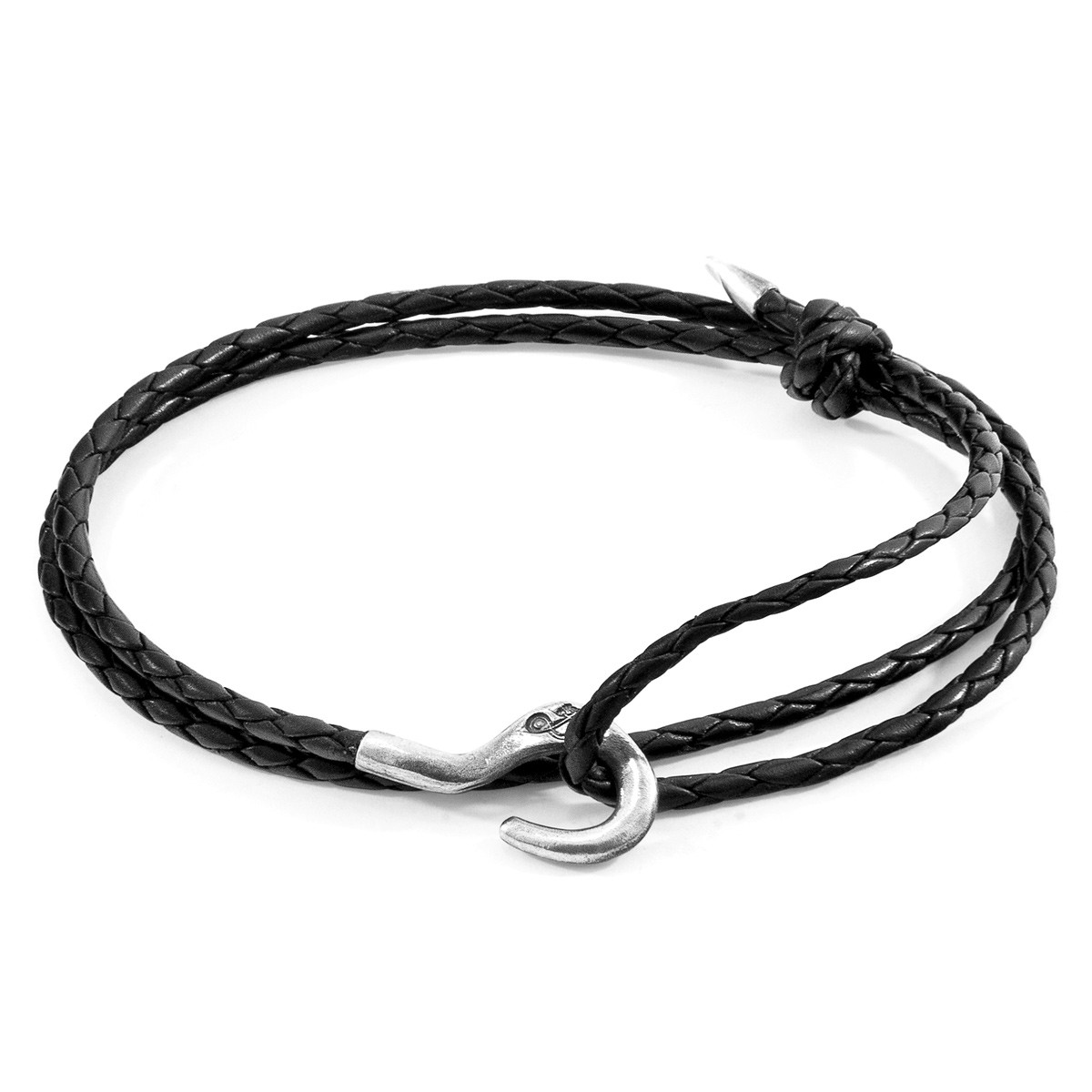 Anchor & Crew Midnight Black Charles Silver and Braided Leather SKINNY Bracelet