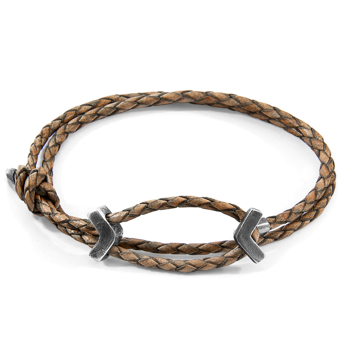 Taupe Grey William Silver and Braided Leather SKINNY Bracelet