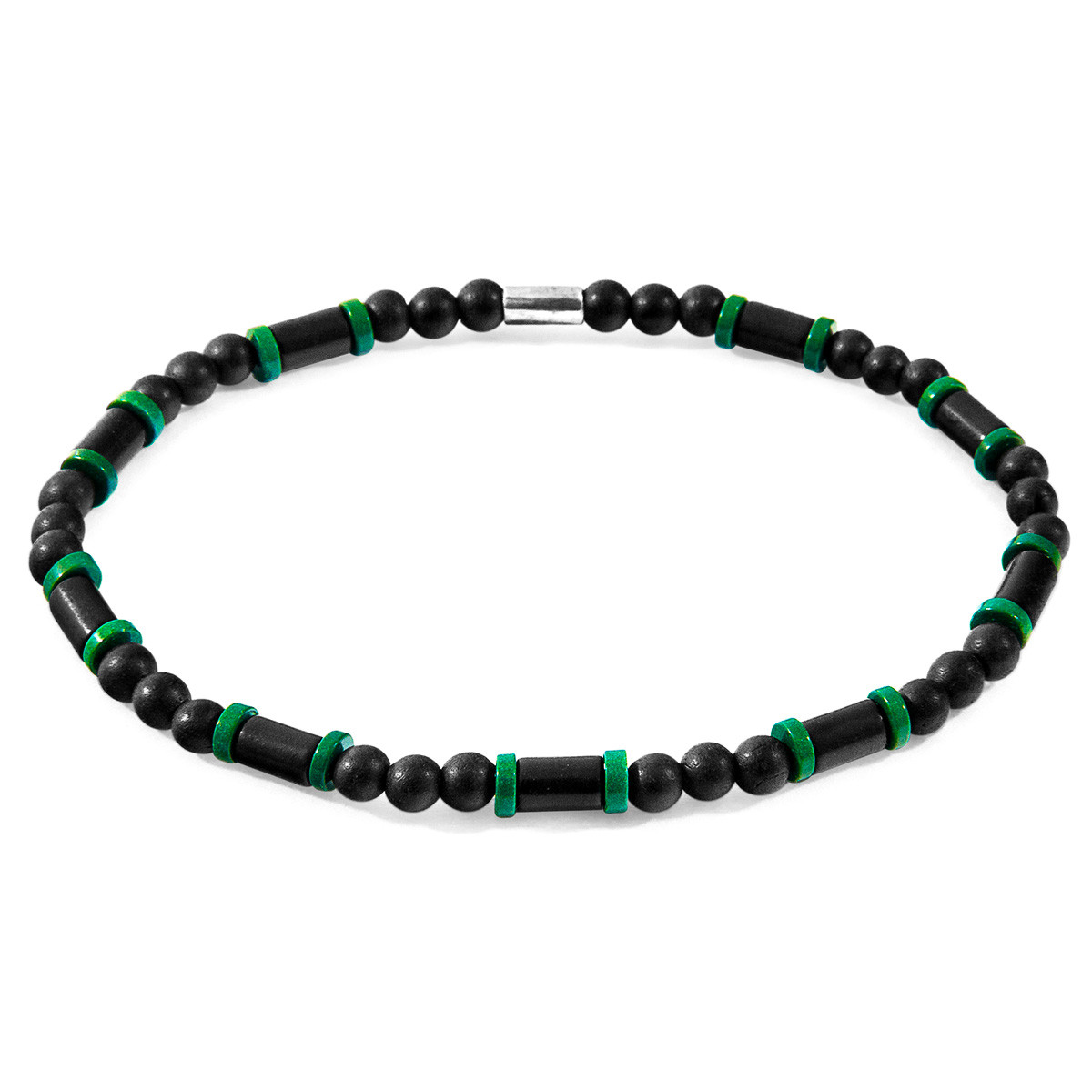 Anchor & Crew Black Turquoise, Green Agate and Black Ebony Wood Samuel Silver and Stone SKINNY Bracelet