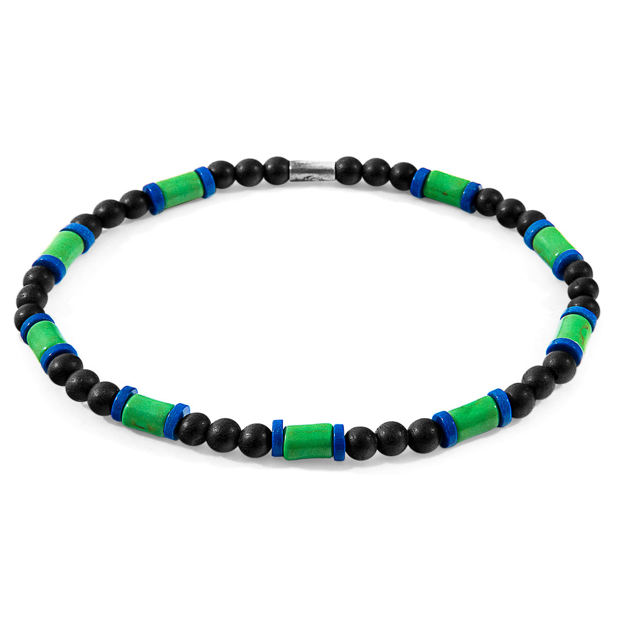 Anchor & Crew Green Turquoise, Blue Agate and Black Ebony Wood Samuel Silver and Stone SKINNY Bracelet