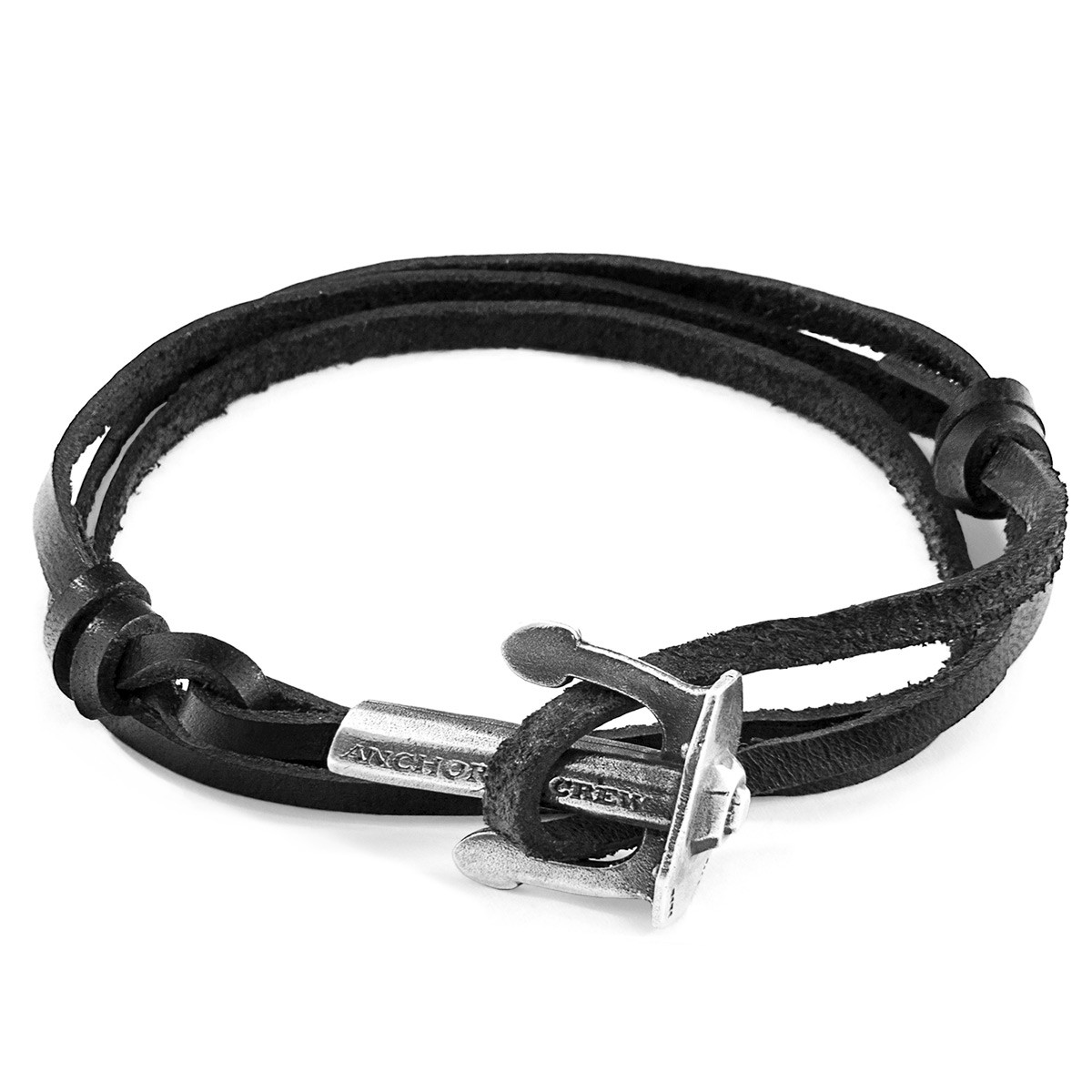 Anchor & Crew Coal Black Union Anchor Silver and Flat Leather Bracelet