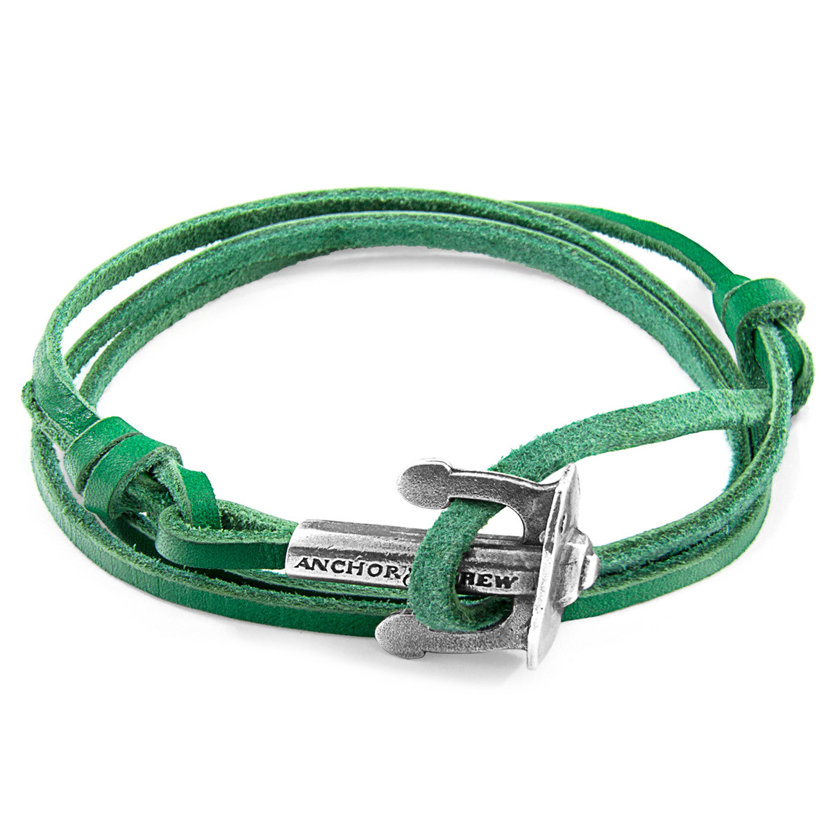 Anchor & Crew Fern Green Union Anchor Silver and Flat Leather Bracelet